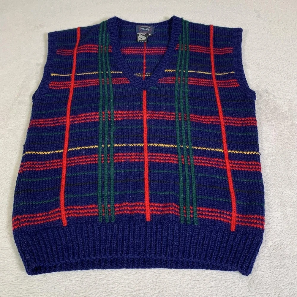 Vintage Allen Solly Sweater Vest Mens S Blue Plaid V Neck 100% Wool Knit Uruguay